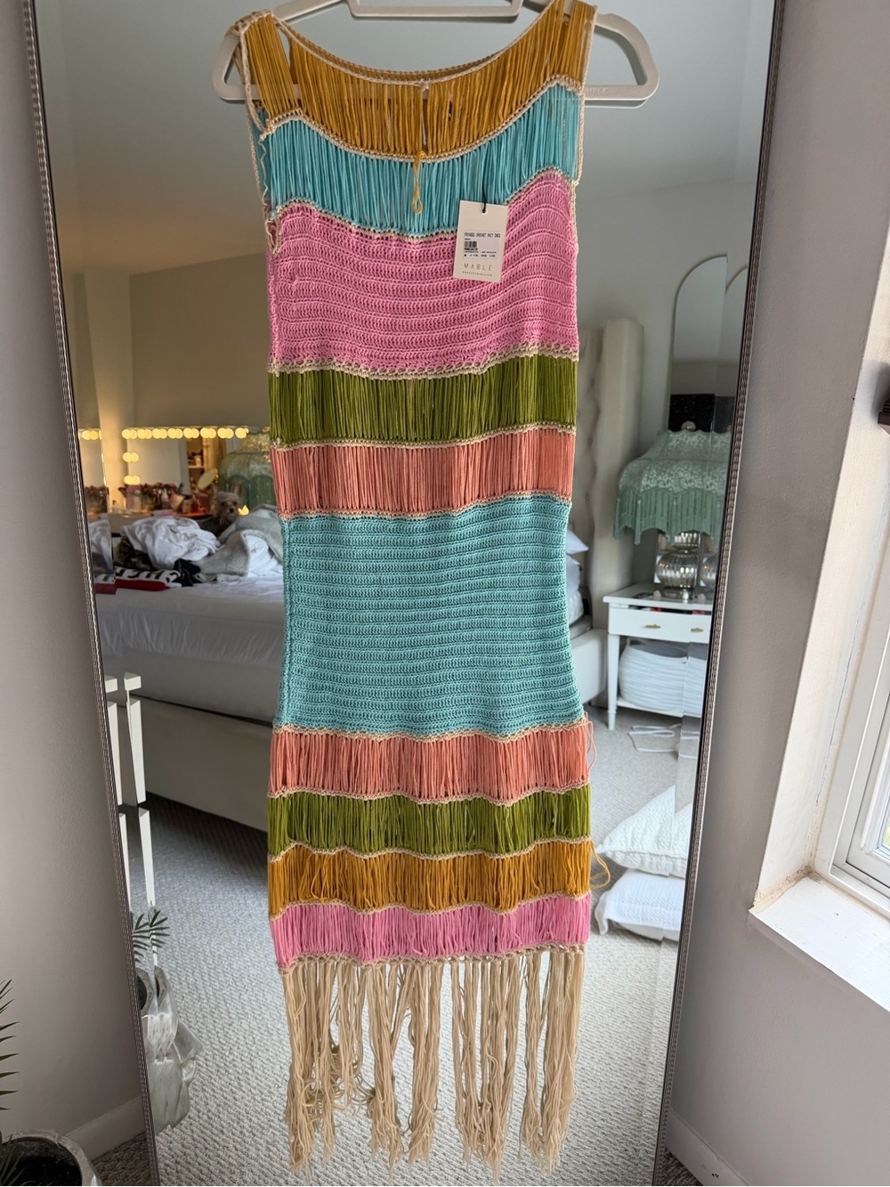 MARBLE Crochet Fringe Maxi Dress in Mustard, Aqua & Pink